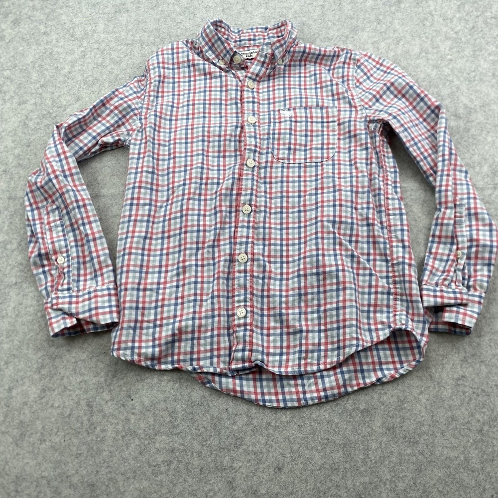 Abercrombie Kids Shirt Boys 9/10 Red Blue Plaid Long Sleeve Button Up Logo